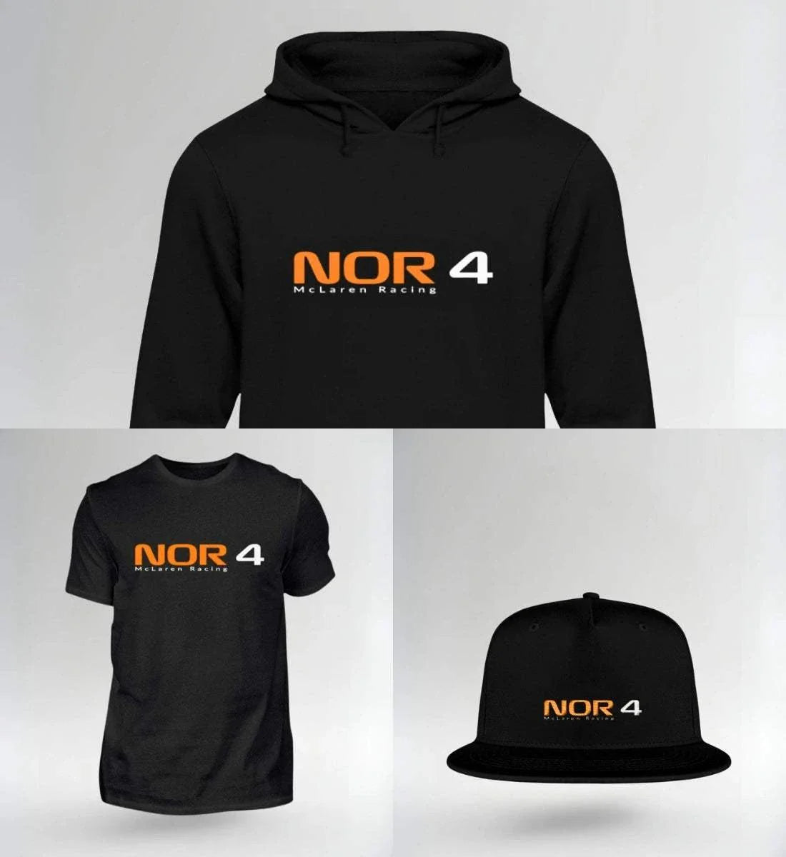 Image of NOVAWEAR NOR 4 Fan Pack mit Hoodie, T-Shirt und Cap in Schwarz mit orange-weißem NOR 4 Logo